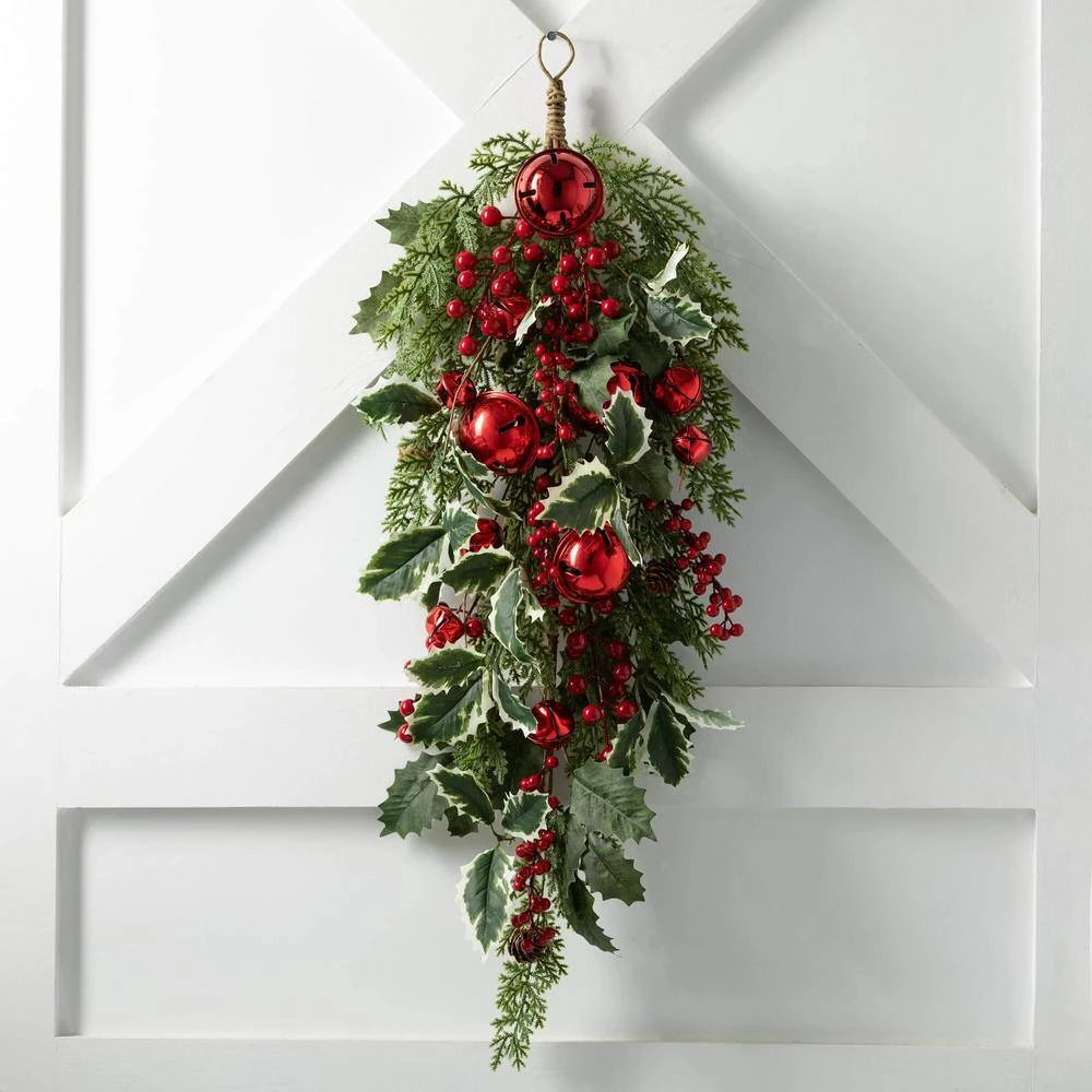 30" Jingle Bell Holly Pine Artificial Christmas Swag, Green-Red 3 30" Jingle Bell Holly Pine Artificial Christmas Swag, Green-Red - Image 3