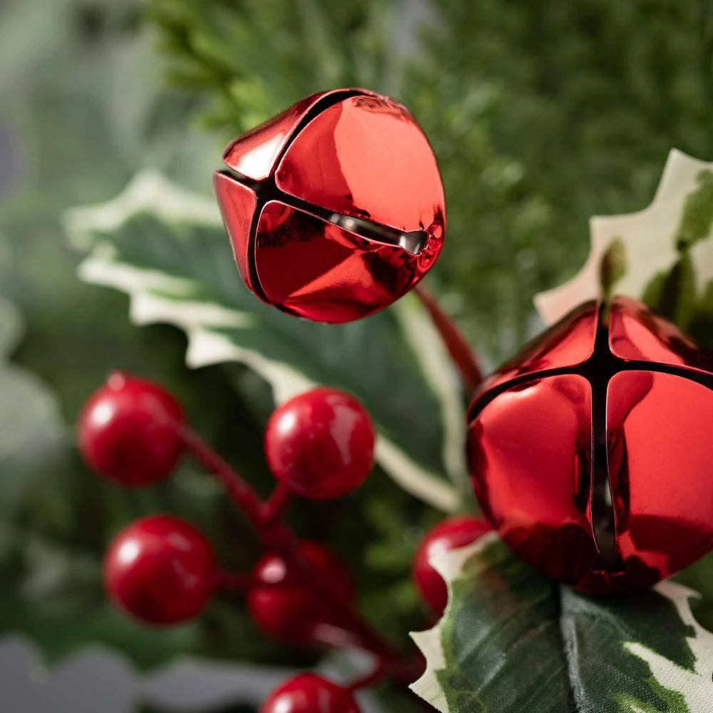 30" Jingle Bell Holly Pine Artificial Christmas Swag, Green-Red 2 30" Jingle Bell Holly Pine Artificial Christmas Swag, Green-Red - Image 2