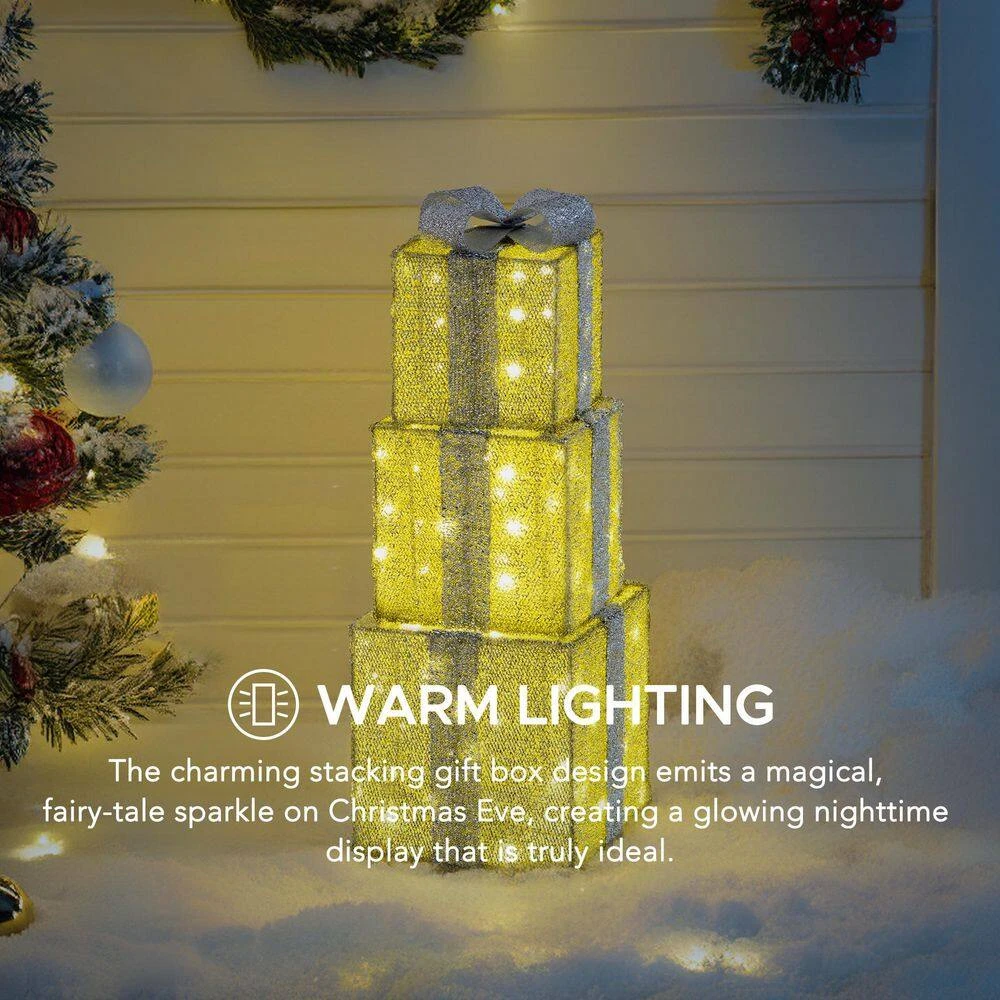 34 In. Christmas Illuminated Stacking Gift Box, 3D Tinsel Santa Outdoor Garden Yard Lawn Festive Decoration With Lights 3 34 In. Christmas Illuminated Stacking Gift Box, 3D Tinsel Santa Outdoor Garden Yard Lawn Festive Decoration With Lights - Image 3