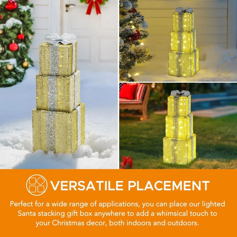 34 In. Christmas Illuminated Stacking Gift Box, 3D Tinsel Santa Outdoor Garden Yard Lawn Festive Decoration With Lights 6 34 In. Christmas Illuminated Stacking Gift Box, 3D Tinsel Santa Outdoor Garden Yard Lawn Festive Decoration With Lights - Image 6