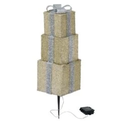 34 In. Christmas Illuminated Stacking Gift Box, 3D Tinsel Santa Outdoor Garden Yard Lawn Festive Decoration With Lights