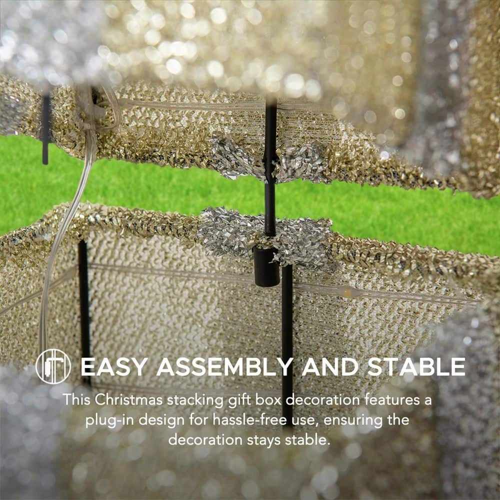 34 In. Christmas Illuminated Stacking Gift Box, 3D Tinsel Santa Outdoor Garden Yard Lawn Festive Decoration With Lights 5 34 In. Christmas Illuminated Stacking Gift Box, 3D Tinsel Santa Outdoor Garden Yard Lawn Festive Decoration With Lights - Image 5