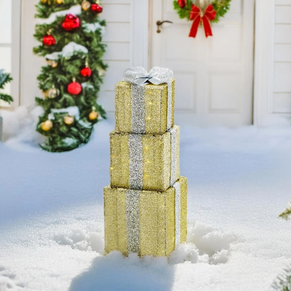 34 In. Christmas Illuminated Stacking Gift Box, 3D Tinsel Santa Outdoor Garden Yard Lawn Festive Decoration With Lights 2 34 In. Christmas Illuminated Stacking Gift Box, 3D Tinsel Santa Outdoor Garden Yard Lawn Festive Decoration With Lights - Image 2