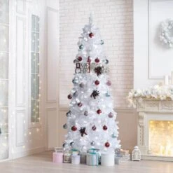 6.5 Ft. Pre-Lit LED Pencil Slim Artificial Christmas Tree With Cool White Light, White -Northlight Shop veikous pre lit christmas trees hp1001 15wh 31 1000