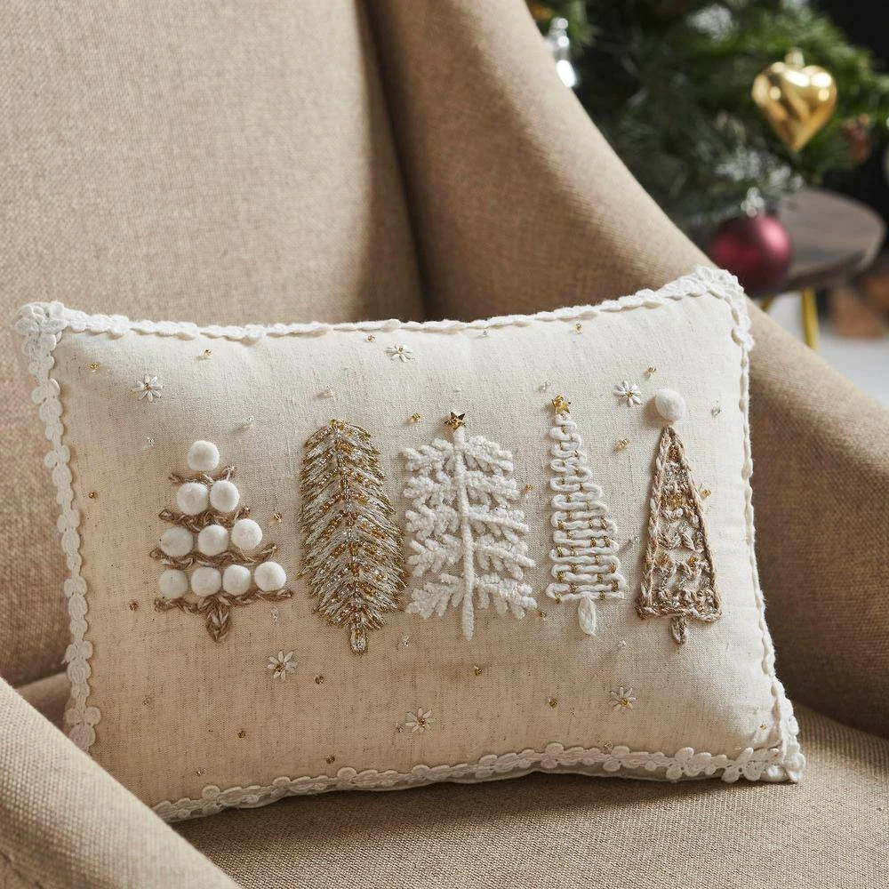 10 In. X 14 In. Creme Embellished Christmas Trees Decorative Throw Pillow 2 10 In. X 14 In. Creme Embellished Christmas Trees Decorative Throw Pillow - Image 2
