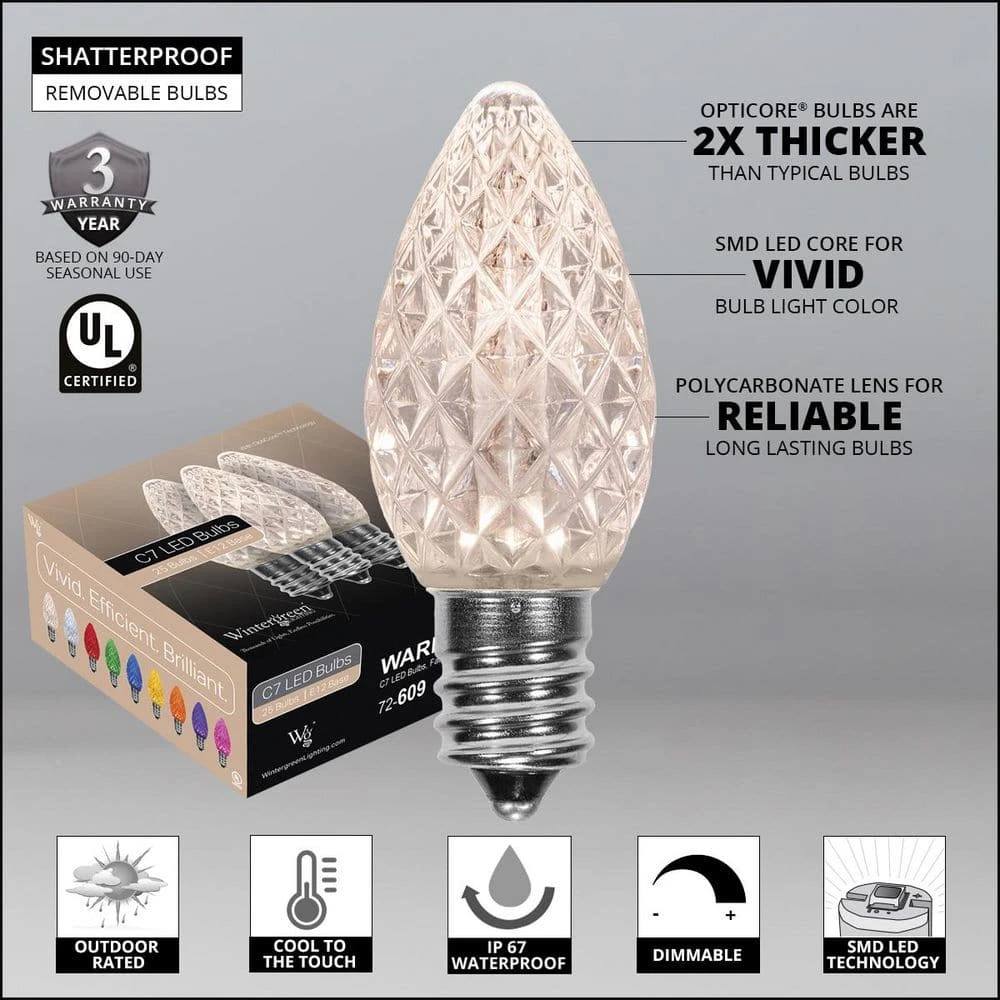 OptiCore C7 LED Warm White Faceted Shatter-Resistant Christmas Light Bulbs (25-Pack) 2 OptiCore C7 LED Warm White Faceted Shatter-Resistant Christmas Light Bulbs (25-Pack) - Image 2
