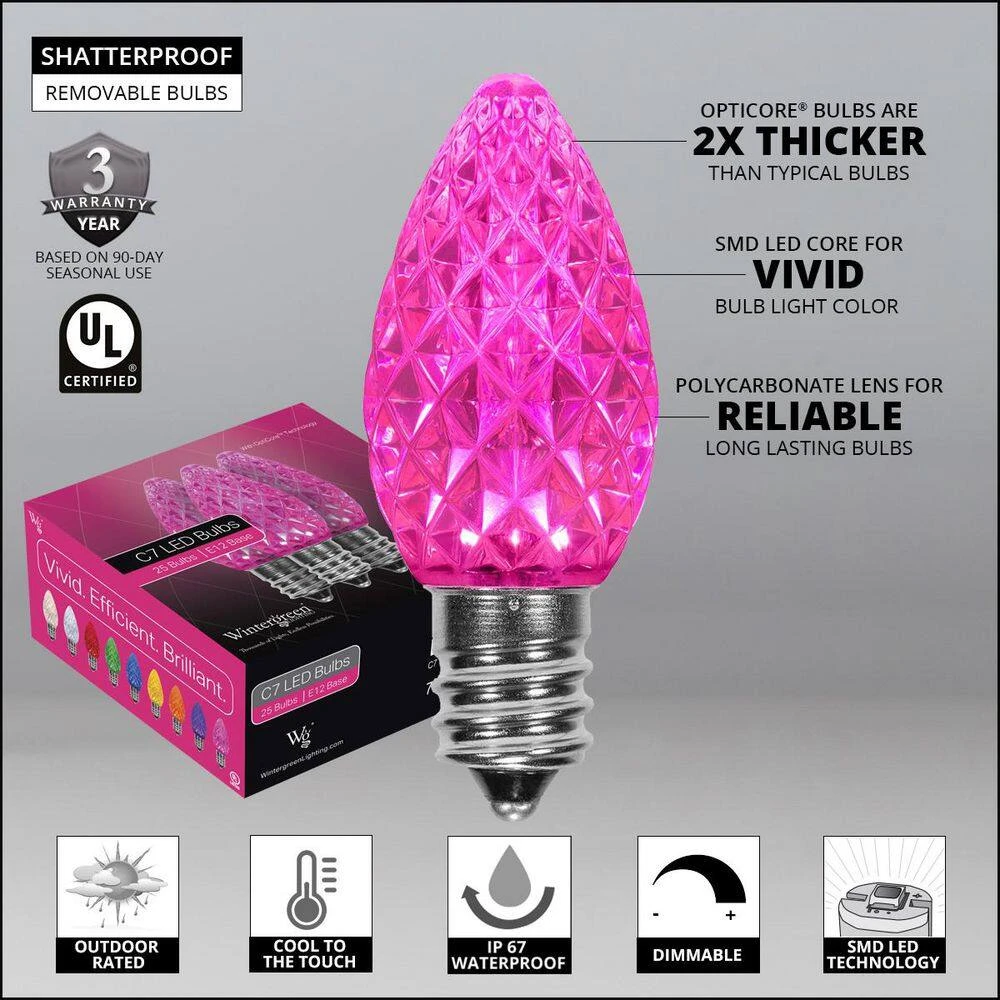 OptiCore C7 LED Pink Faceted Shatter-Resistant Christmas Light Bulbs (25-Pack) 2 OptiCore C7 LED Pink Faceted Shatter-Resistant Christmas Light Bulbs (25-Pack) - Image 2