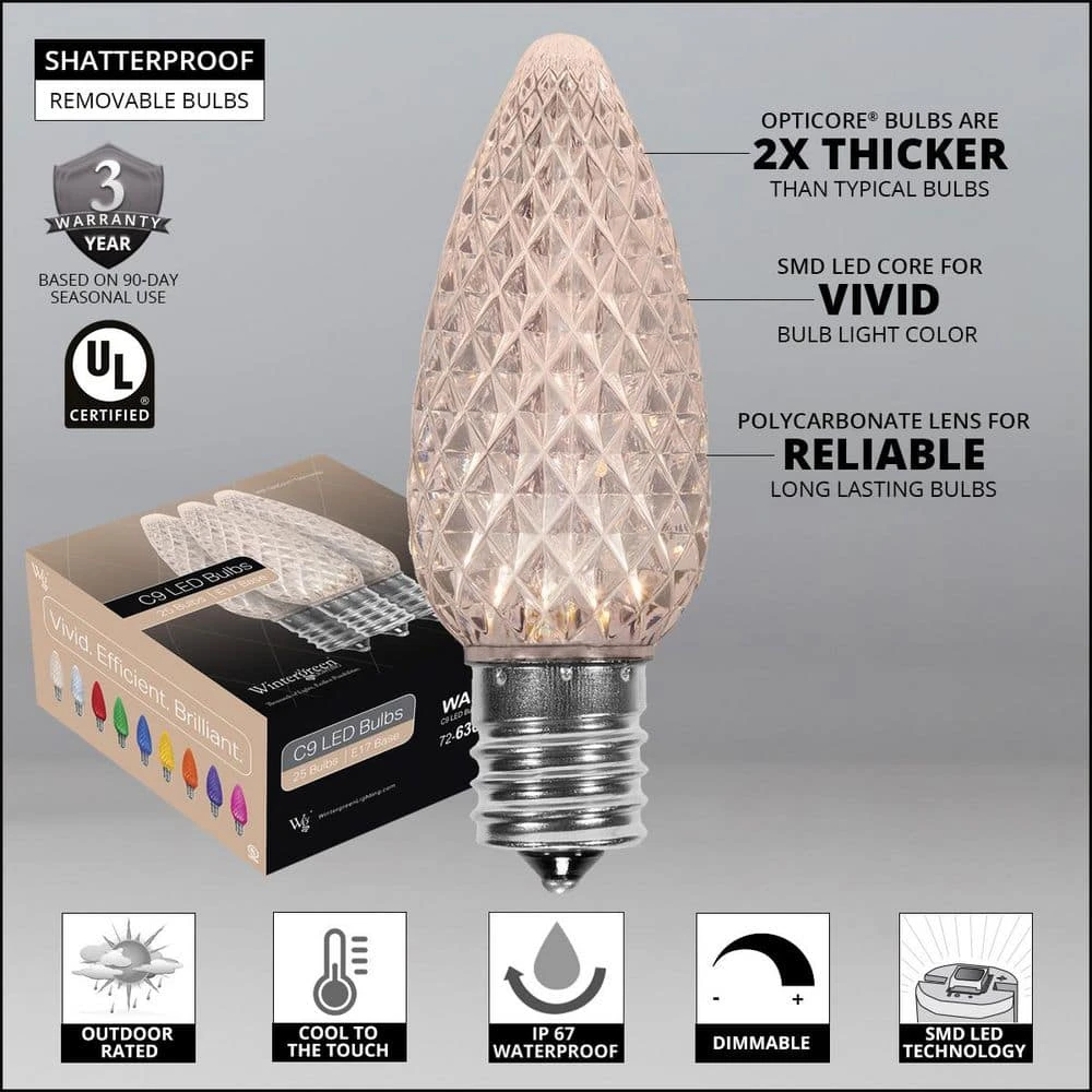 OptiCore C9 LED Warm White Faceted Shatter-Resistant Christmas Light Bulbs (25-Pack) 2 OptiCore C9 LED Warm White Faceted Shatter-Resistant Christmas Light Bulbs (25-Pack) - Image 2