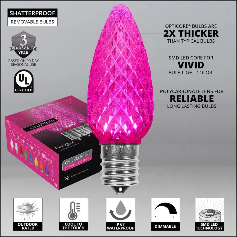 OptiCore C9 LED Pink Faceted Shatter-Resistant Christmas Light Bulbs (25-Pack) 2 OptiCore C9 LED Pink Faceted Shatter-Resistant Christmas Light Bulbs (25-Pack) - Image 2