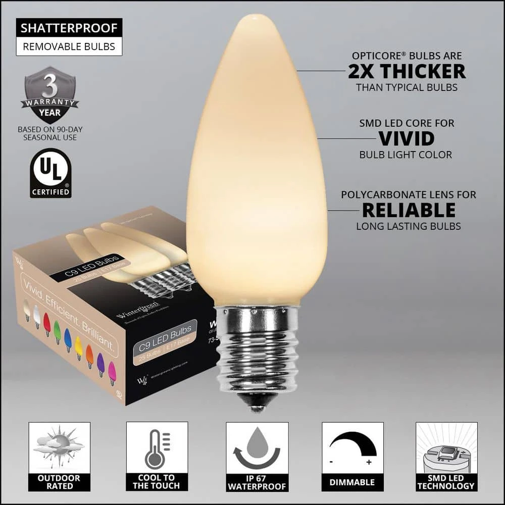 OptiCore C9 LED Warm White Smooth/Opaque Shatter-Resistant Christmas Light Bulbs (25-Pack) 2 OptiCore C9 LED Warm White Smooth/Opaque Shatter-Resistant Christmas Light Bulbs (25-Pack) - Image 2