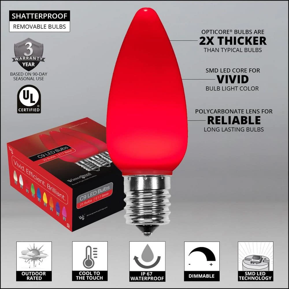 OptiCore C9 LED Red Smooth/Opaque Shatter-Resistant Christmas Light Bulbs (25-Pack) 2 OptiCore C9 LED Red Smooth/Opaque Shatter-Resistant Christmas Light Bulbs (25-Pack) - Image 2