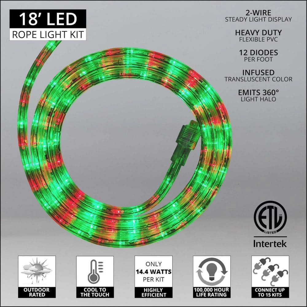 18 Ft. 216-Light LED Red And Green Christmas Rope Light 2 18 Ft. 216-Light LED Red And Green Christmas Rope Light - Image 2
